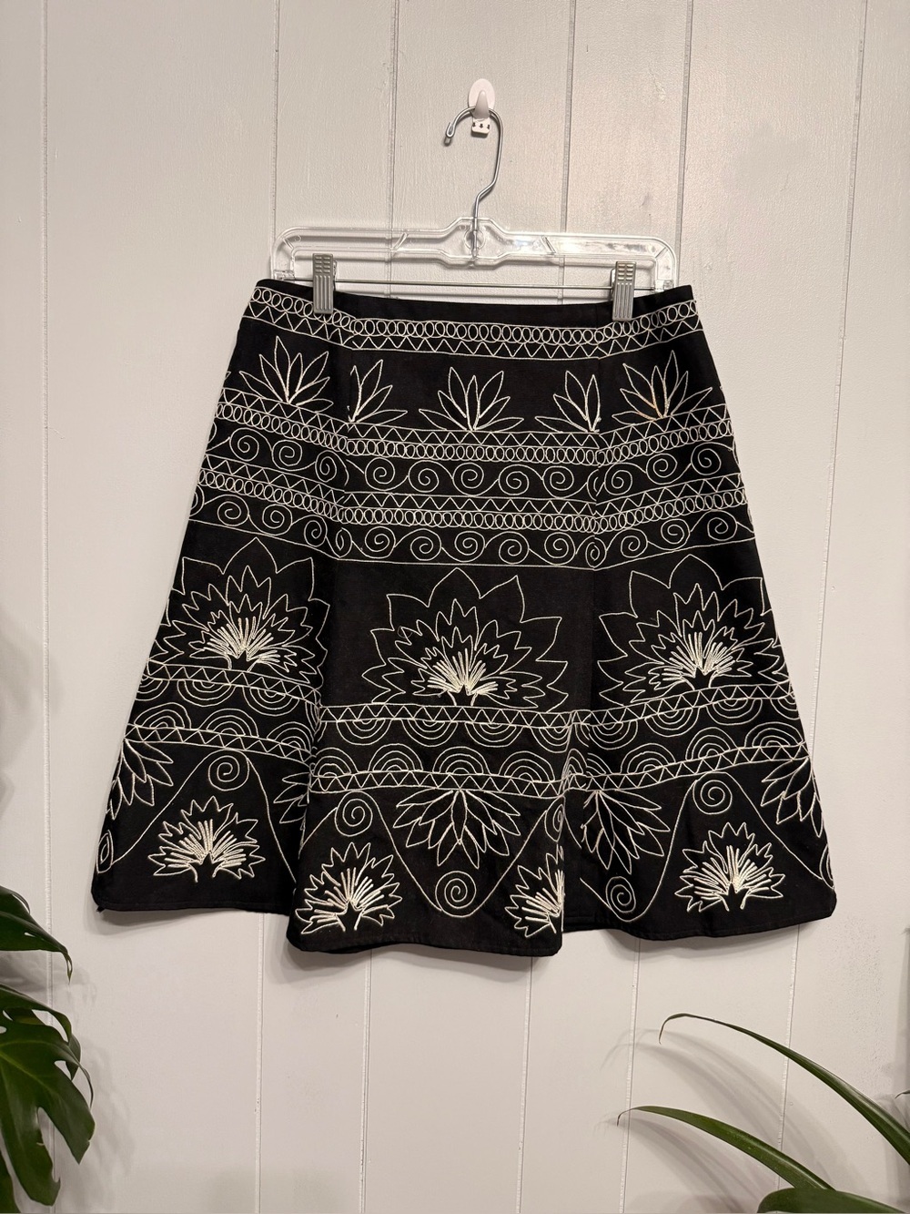 #18)  Talbots Black A-Line Skirt with White Embroidered Floral Motif